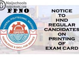 Federal Polytechnic Nekede Owerri (FPNO) Notice to 2020/2021 HND Regular Candidates on Printing of Exam Card | CHECK NOW