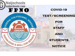 Federal Polytechnic Nekede Owerri (FPNO) COVID-19 Test/Screening for All its Staff and Students Notice | CHECK NOW