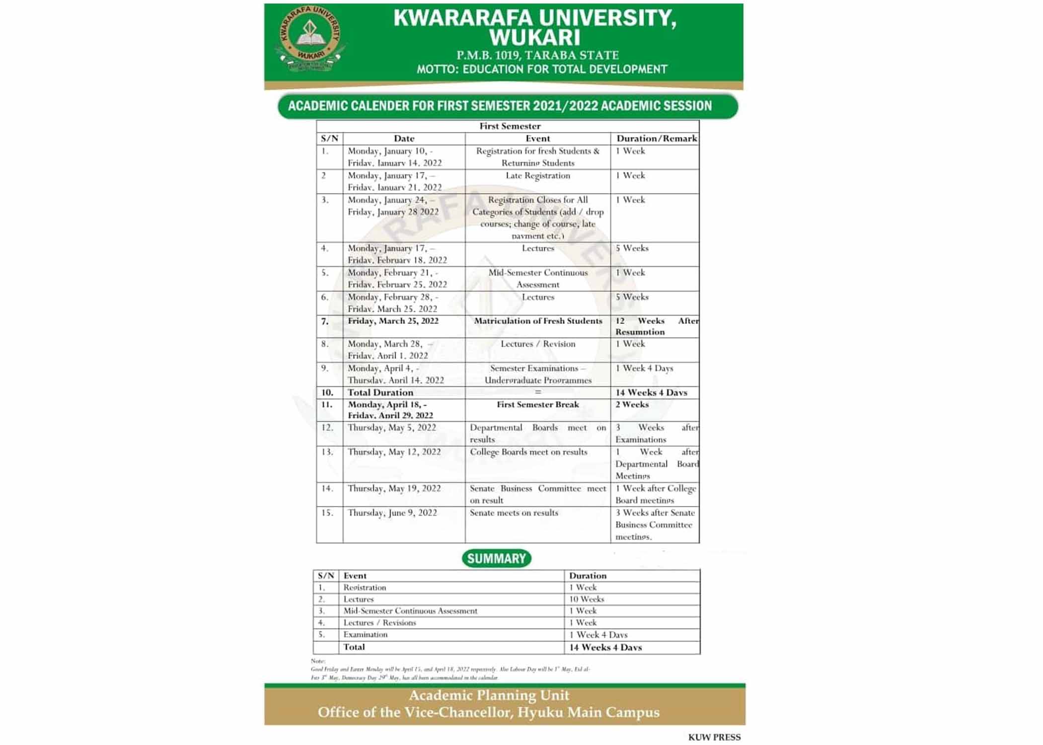 Photo of KUW Academic Calendar