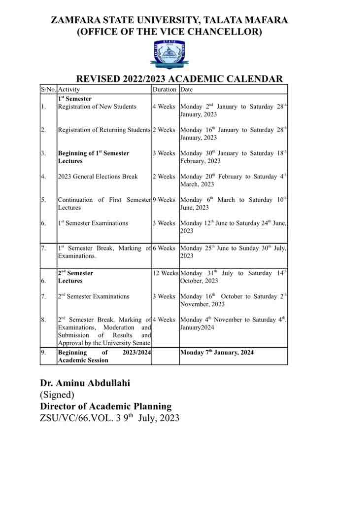 ZAMSU Revised Academic Calendar for 2023-2024 Academic Session
